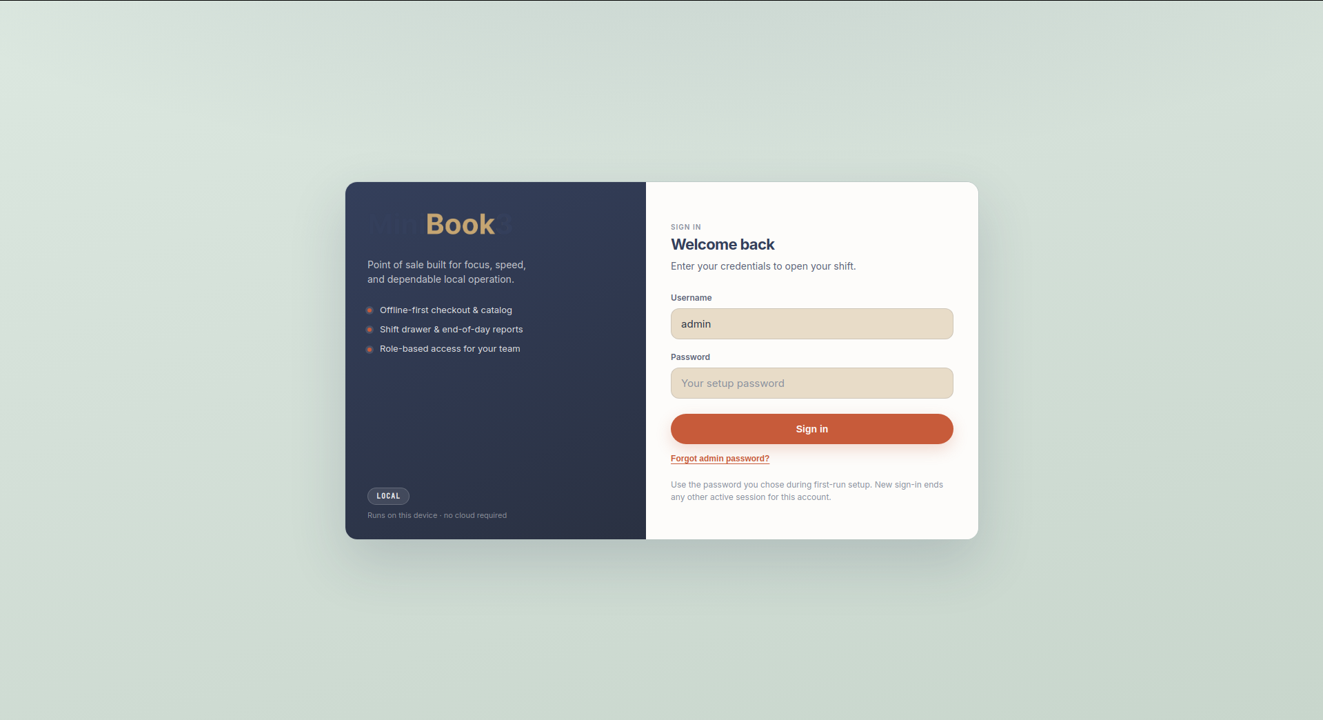 MiniBook3 sign-in screen with offline-first branding