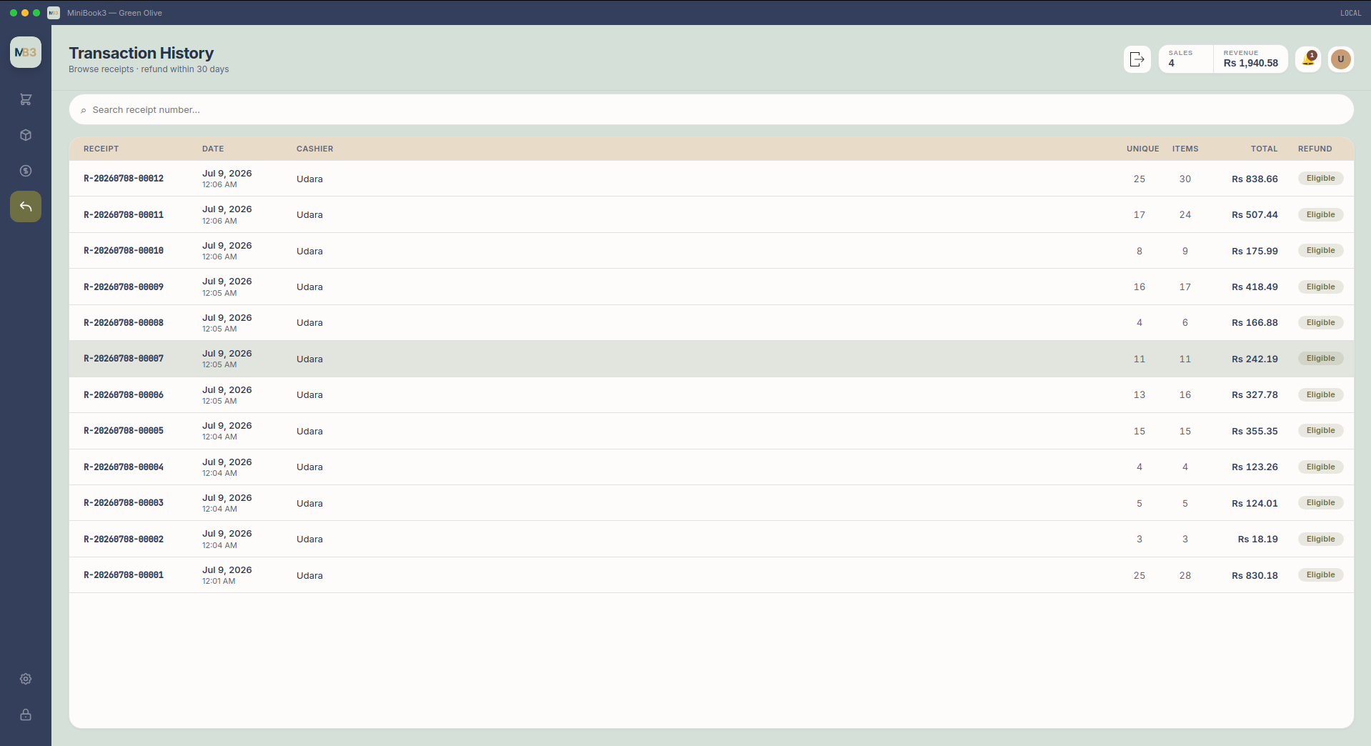 MiniBook3 transaction history list